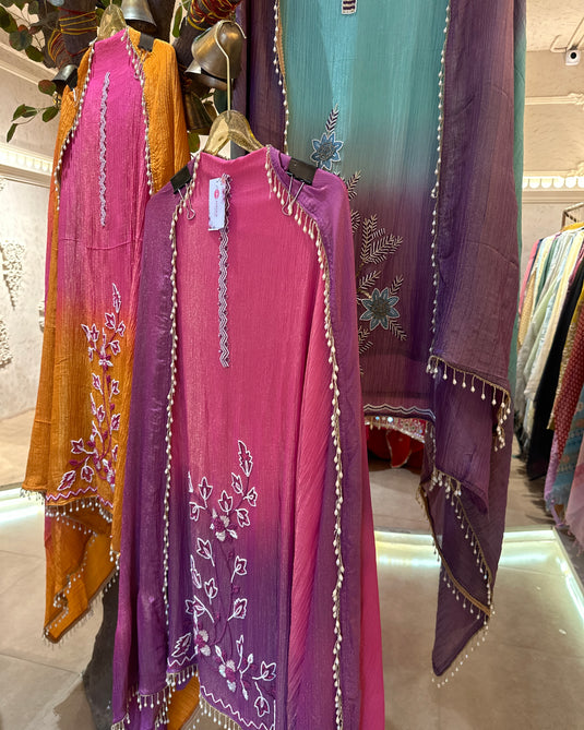 Crushed tissue ombré effect pearl embroidered suit set with tassel lace