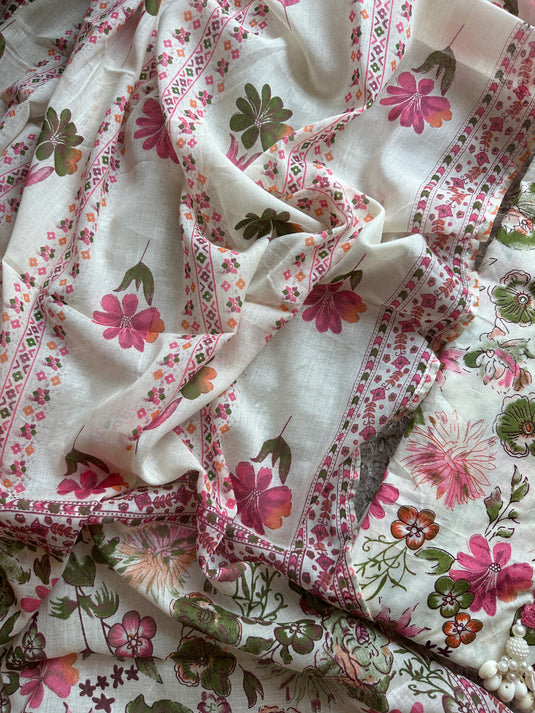 Crochet lace pure cotton cream base floral suit set with tassels