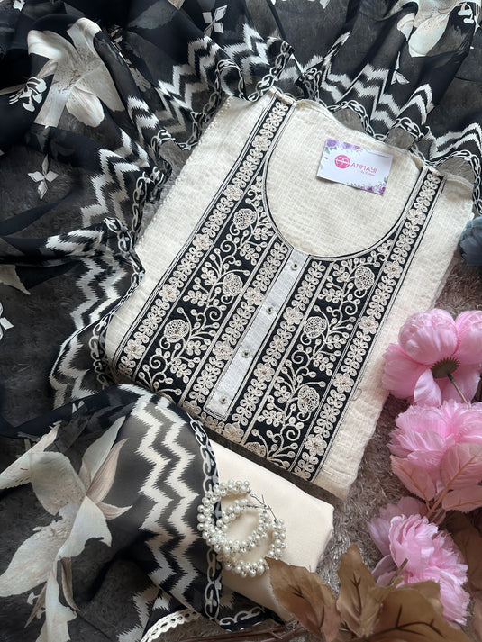 Kota Doria black white Dori embroidered neck with organza dupatta