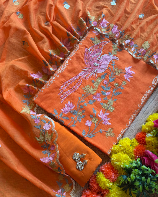 Hummingbird Floral Embroidery Mul Chanderi suit set