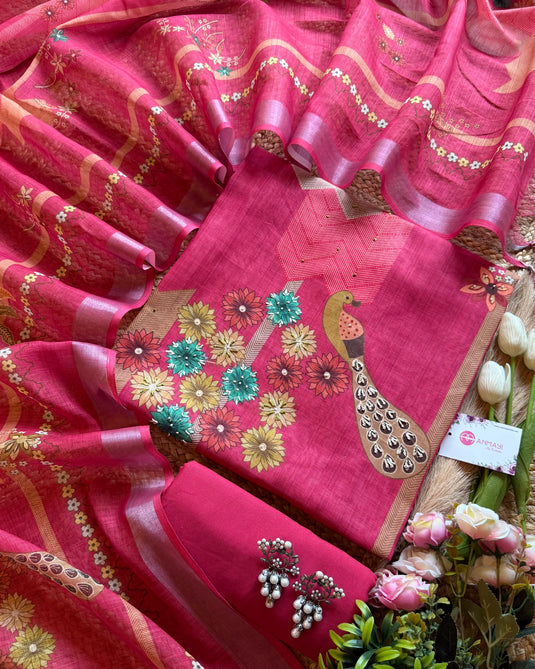 Digital linen peacock print suit set
