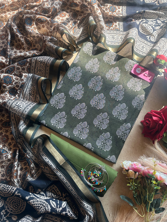 Dabbu print fine Maheshwari cotton silk suit set with cotton bottom
