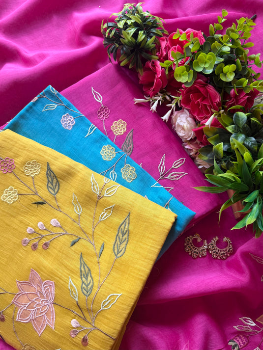 Appliqué work pure mul chanderi suit set