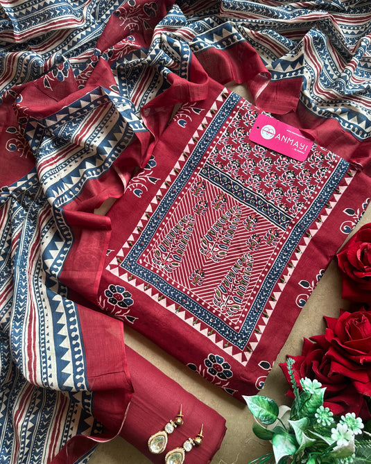 Ajrakh print glazed cotton suit set with embroidered neck