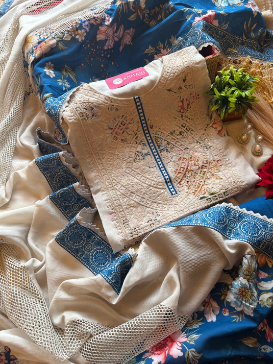 Crochet neck pure muslin suit set with crochet net dupatta