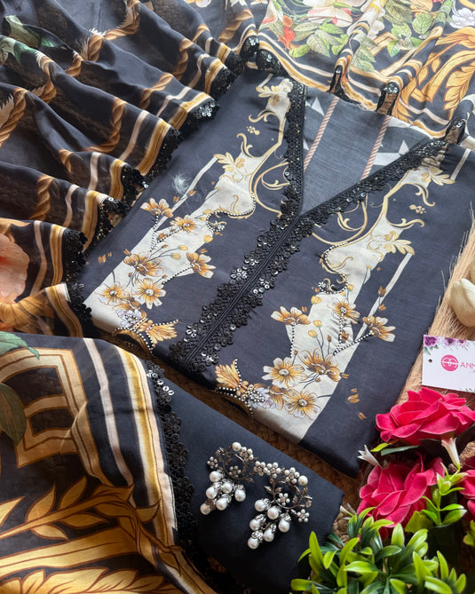 French frame garden black muslin suit set