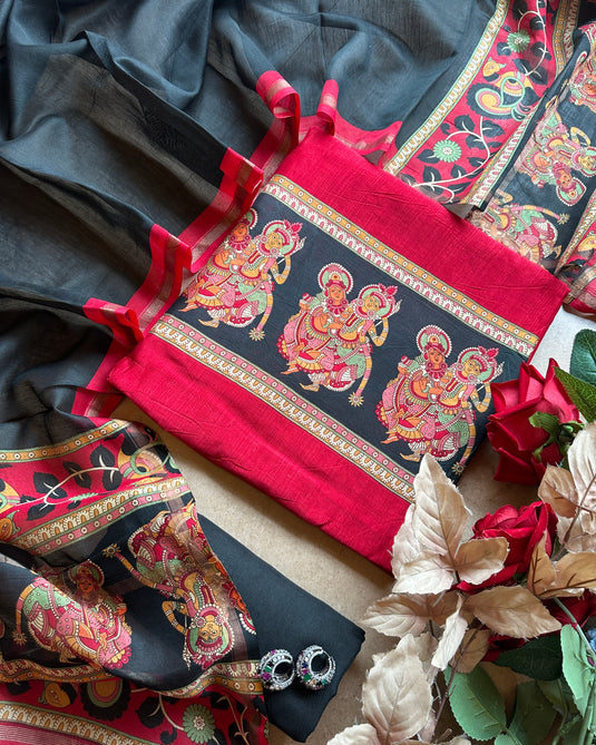 Goddess print border pure Maheshwari combination suit set