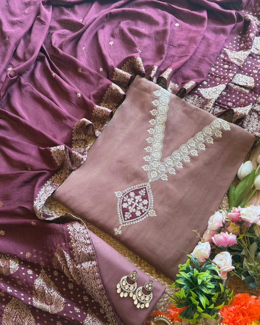 Shimmer lines cotton silk V neck suit set with jacquard dupatta