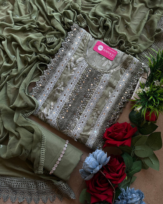 Pakistani crochet real mirror work cotton suit set