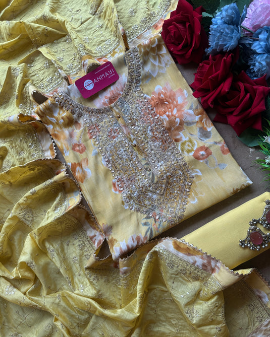 Printed modal floral suit set with golden Dori work