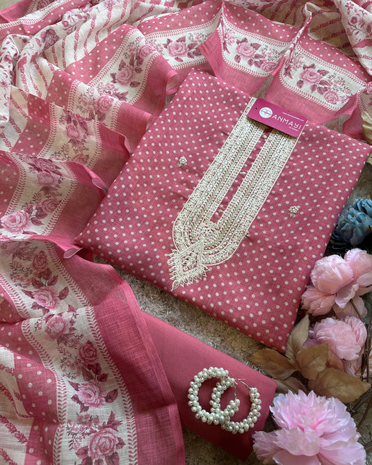 Polka dots printed linen suits with digital dupatta