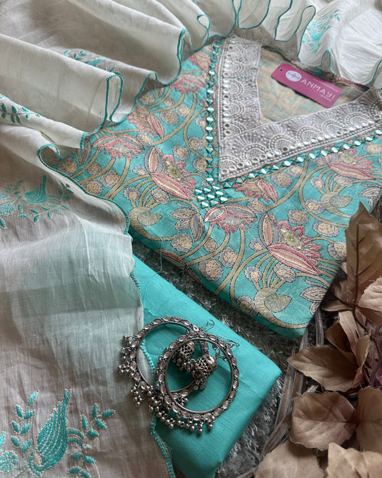 Digital print cambric cotton suit with crochet mirror v neck and embroidered cotton dupatta