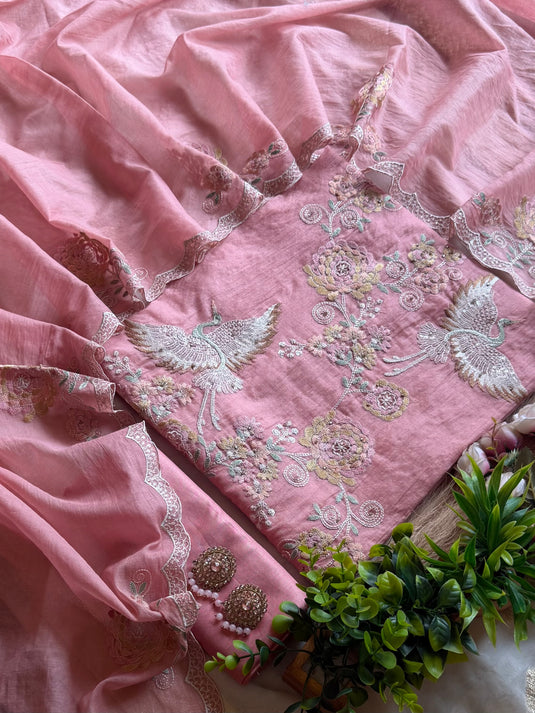 Crown crane festive Dori work Mul Chanderi suit set
