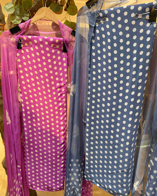 Crepe polka dots suit set with chiffon dupatta