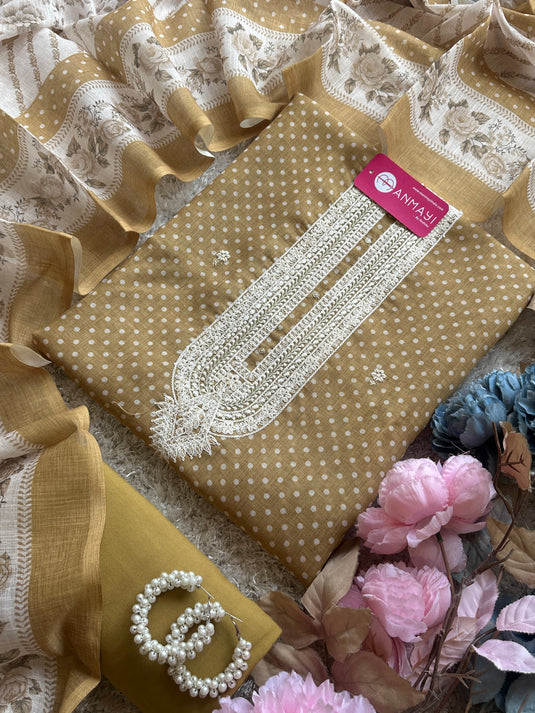 Polka dots printed linen suits with digital dupatta