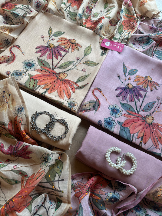 Pastel soft chanderi swan print suit set with knot work details