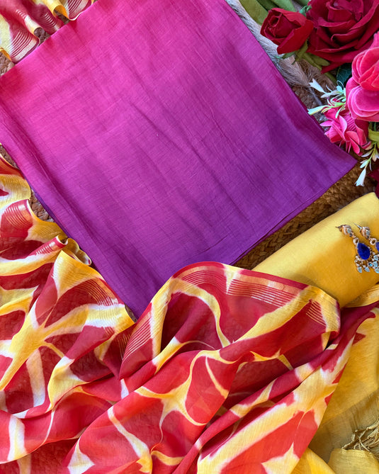 Ombré shaded pure mul chanderi suit with contrast bottom and Shibori dyed dupatta