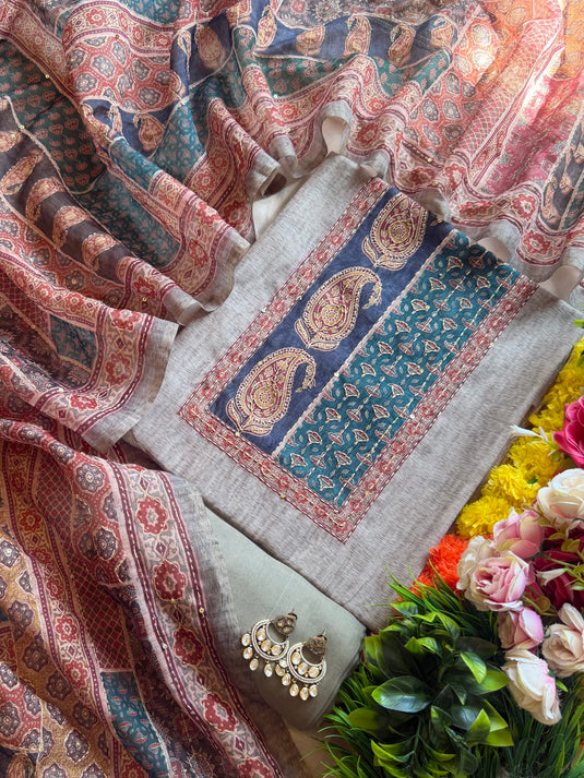 Kairi print Chanderi suit set with Kantha work dupatta