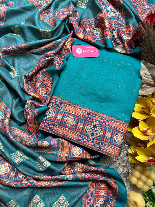 Swarovski work spun suit sets with printed shawls