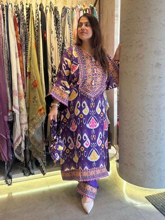 Ikkat print upada silk boho style choga sets