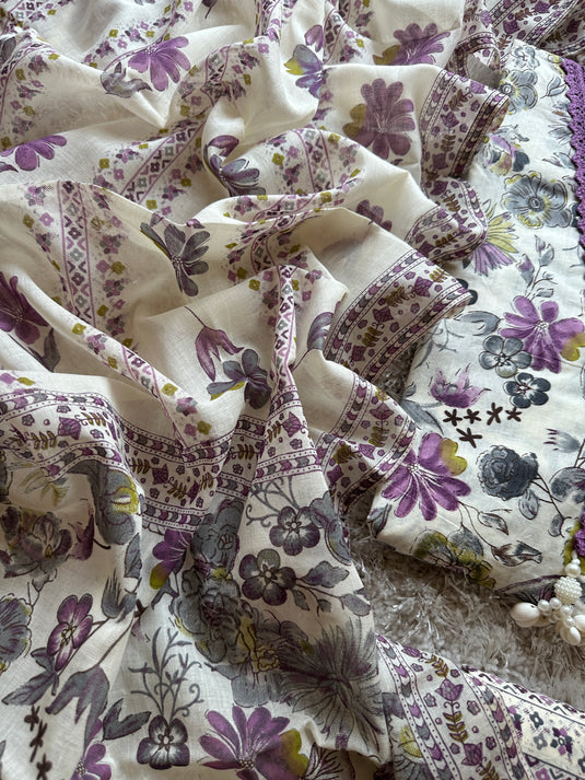 Crochet lace pure cotton cream base floral suit set with tassels