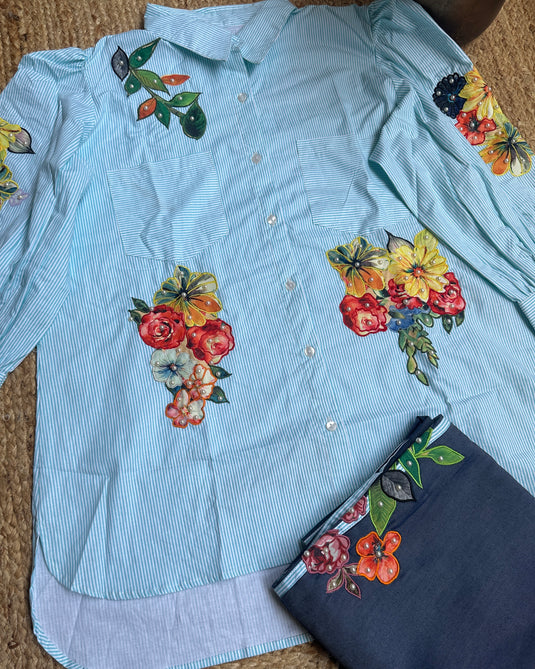 Stripy high low pattern patch pearl detailed coord set with denim bottoms