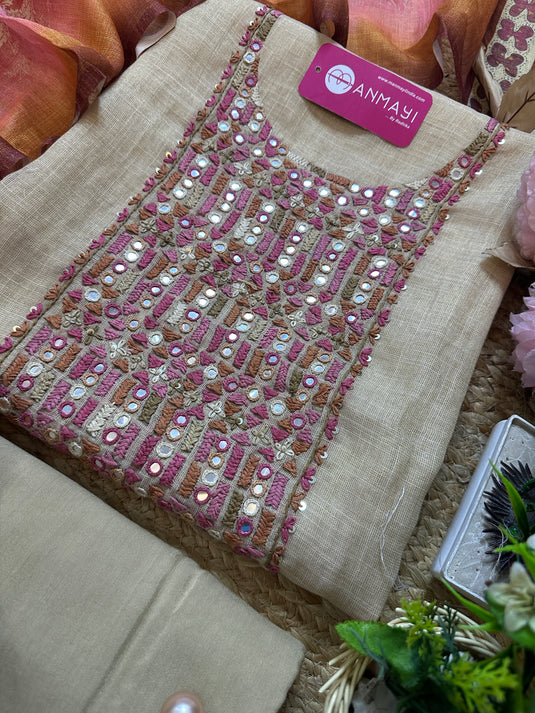 Ombré effect Kantha mirror neck shimmer linen suit with print dupatta