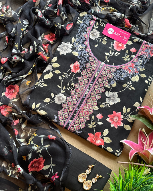 Floral cotton suit with cross stitch neck and pure chiffon printed dupatta