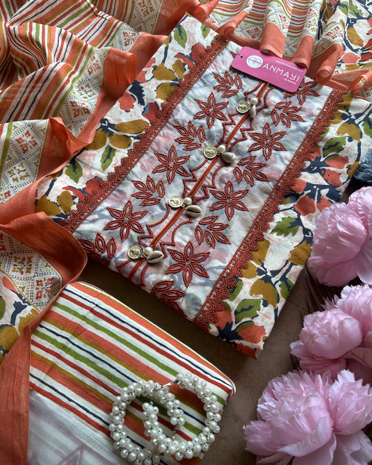 Organza patch floral print pure cotton suit with shell neck