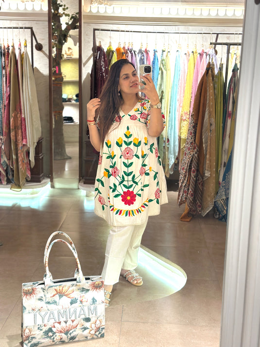 Phulkari work cream cotton coord set