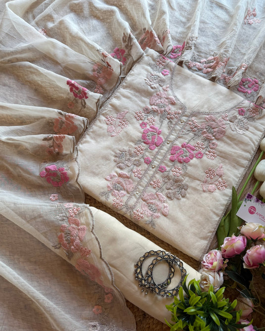 Mul Chanderi pastel hakooba impression embroidered suit set