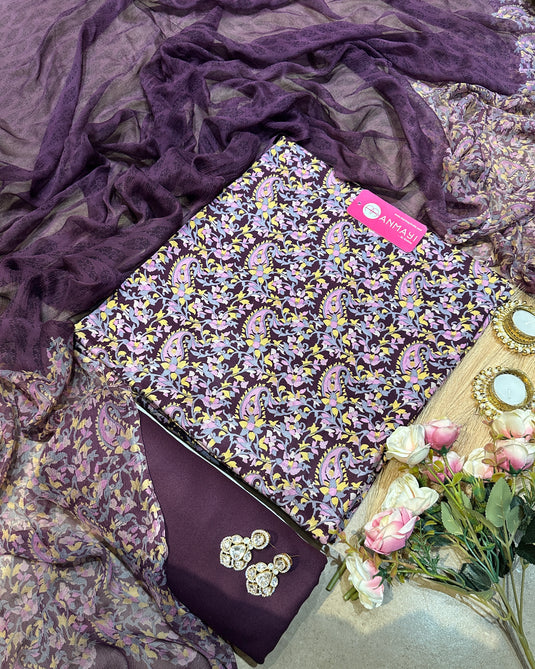 Printed Ambi pure spun suit set with pure chiffon print dupatta
