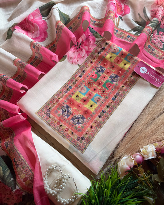 Digital print linen suit set with knot work highlights