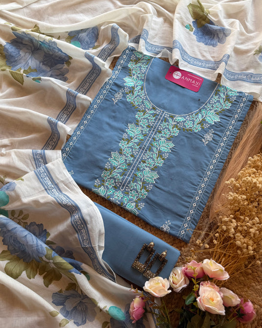 Machine embroidered cotton suit set with floral mul dupatta