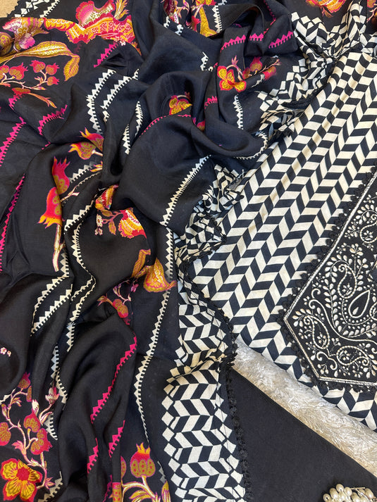 Abstract black and white muslin suit with digital print dupatta