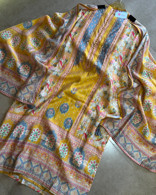 Persian print yellow grey mirror highlights muslin modal suit