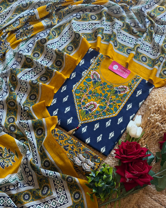 Patola print Cambric cotton suit with Kalamkari combination