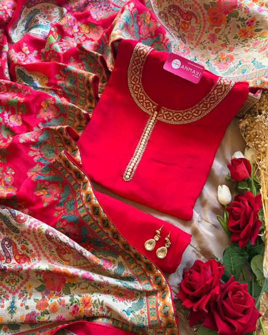 Satin silk potli button suit set with Jamawar stole