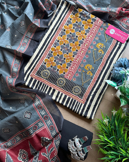 Ajrakh cotton printed neck suit set with cotton dupatta