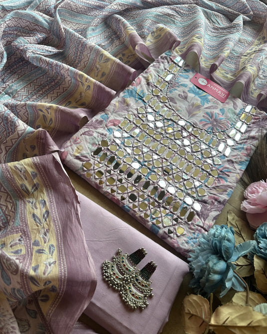 Printed cambric cotton suit with real mirror work