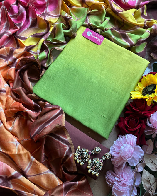 Ombré shaded pure maheshwari suit set with contrast bottom and Shibori dyed dupatta