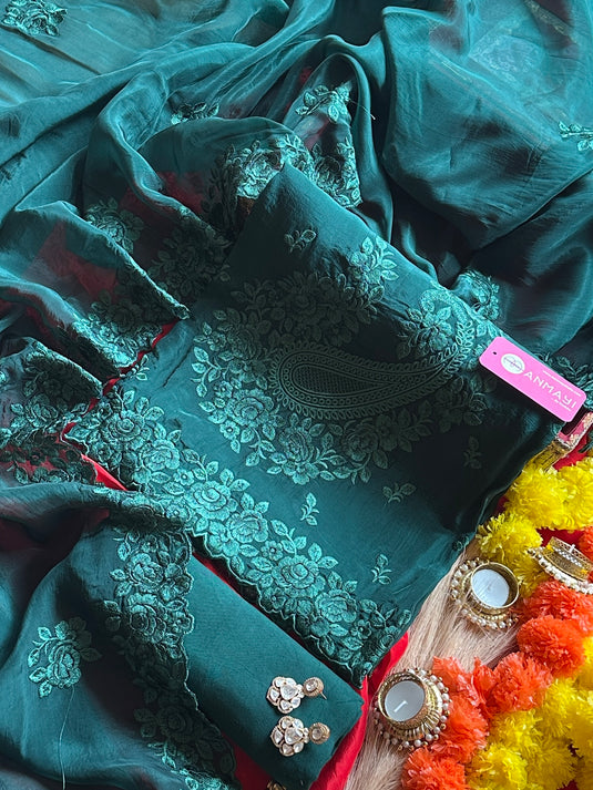 Organza Parsi work semi stitch suit set