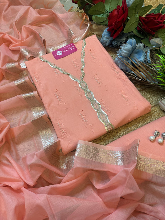 Bright hakooba Zari work cotton suits with mul Chanderi dupatta