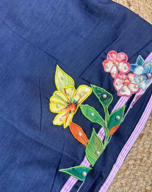 Stripy high low pattern patch pearl detailed coord set with denim bottoms