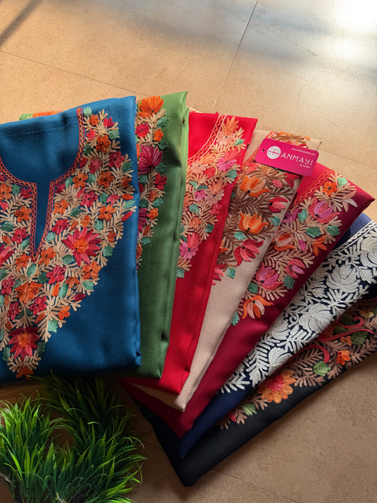 Aari work unstitched woollen coord sets