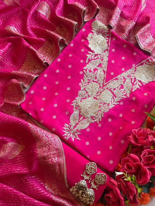 Sparrow neck Dolla silk suit set with Banarasi jacquard dupatta