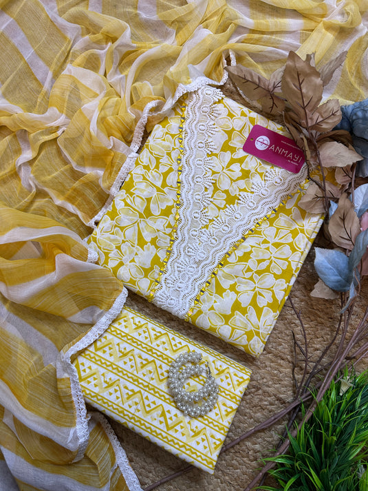 Crochet mirror v neck printed cotton suit set with chiffon dupatta