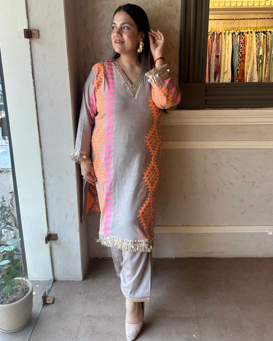 Neon beige cotton silk weaving coord set with boho lace