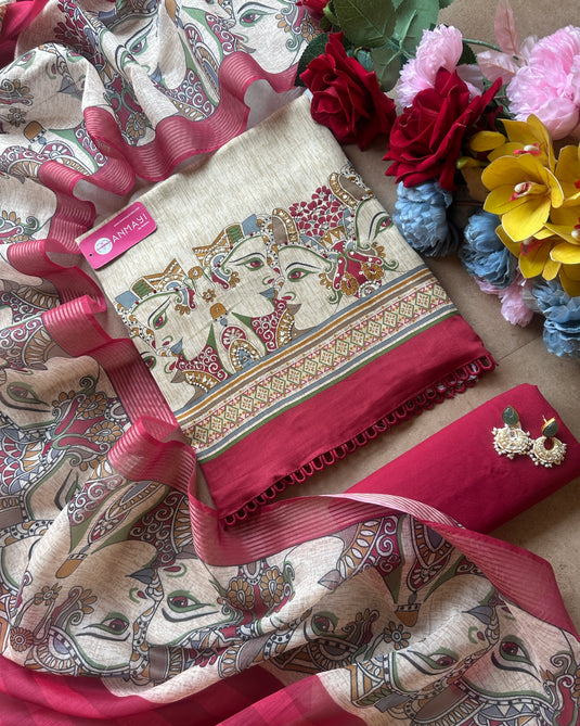 Doll figured red and beige cambric cotton suit set