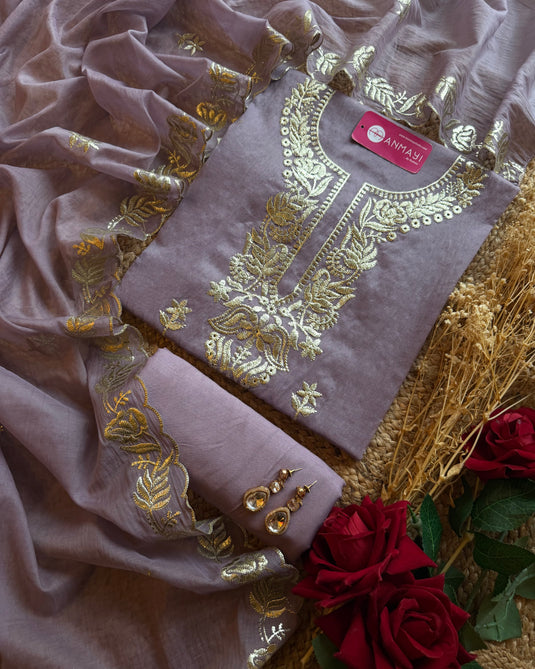 English shades pita work Mul Chanderi suit set